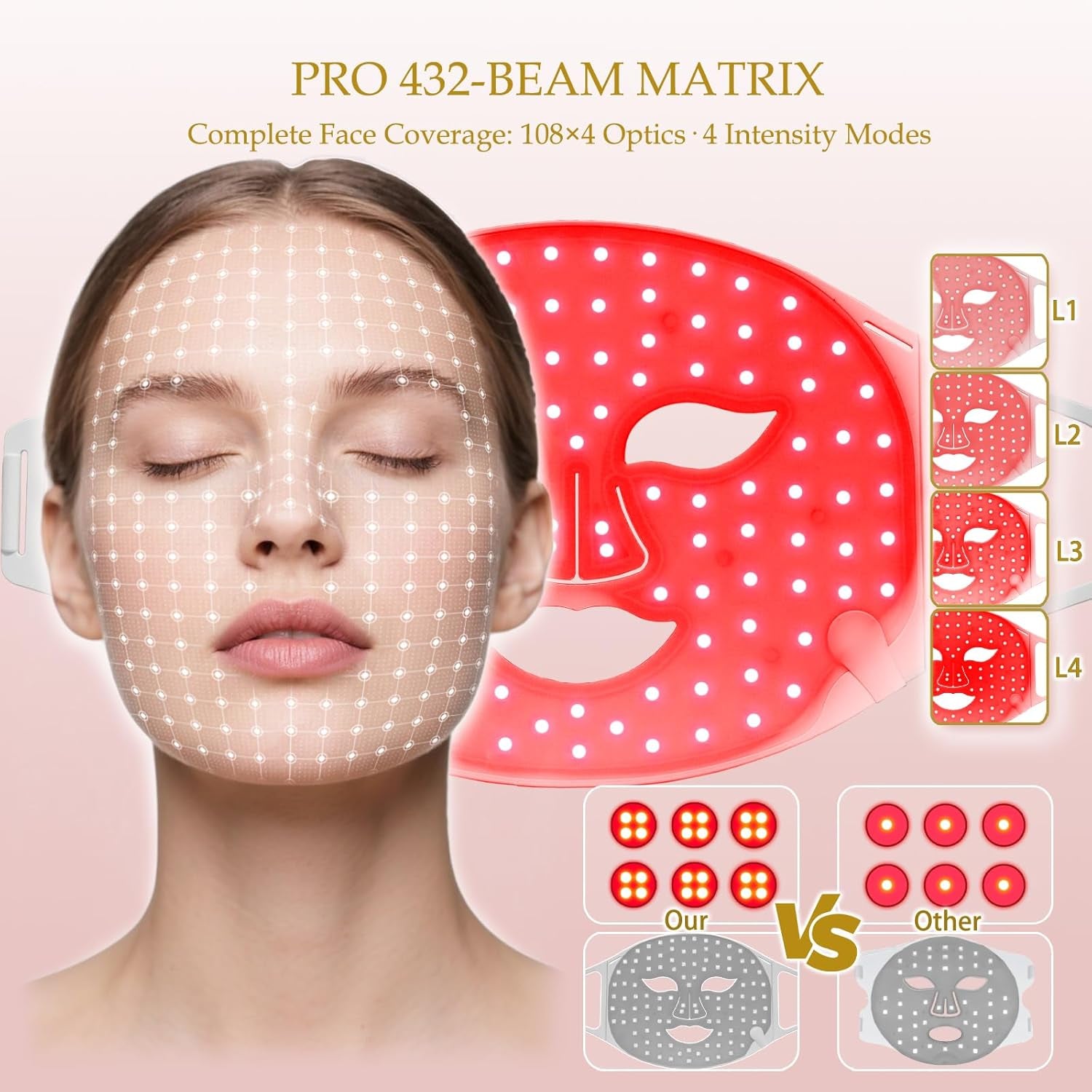 Red Light Therapy Mask for Face, LED Facial Mask, Skin Care Light with near Infrared 850Nm & Adjustable Blue Light, Portable Home Device with 7 Colors & 8 Modes, 432 Beads Pro Leds