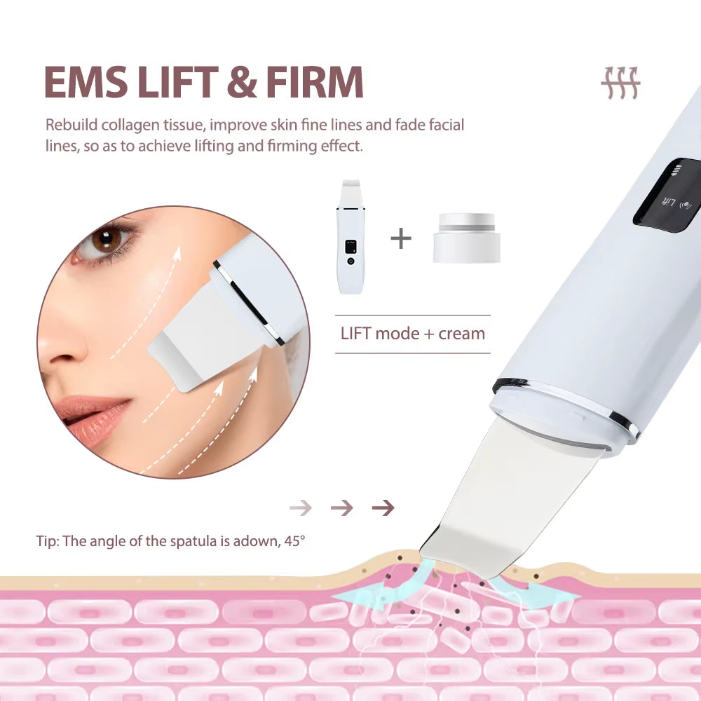 Ultrasonic Skin Scrubber Peeling Shovel EMS Ion Deep Face Cleaning Blackhead Remover Facial Lifting Peeling Shovel Face Massager